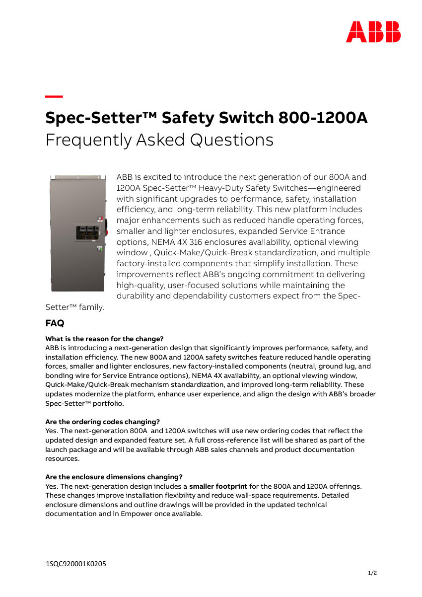 ABB 1SQC920001K0205 cut sheet — first page