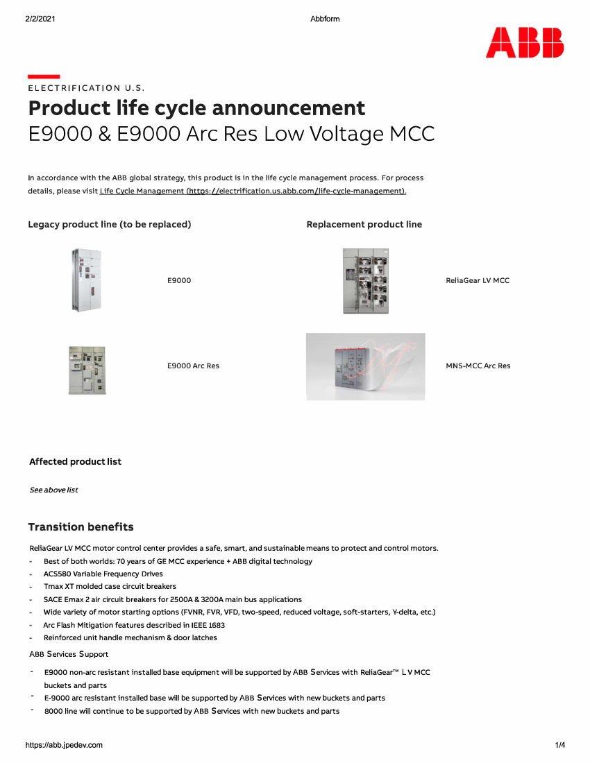 ABB 1SXU999038G0201 cut sheet — first page