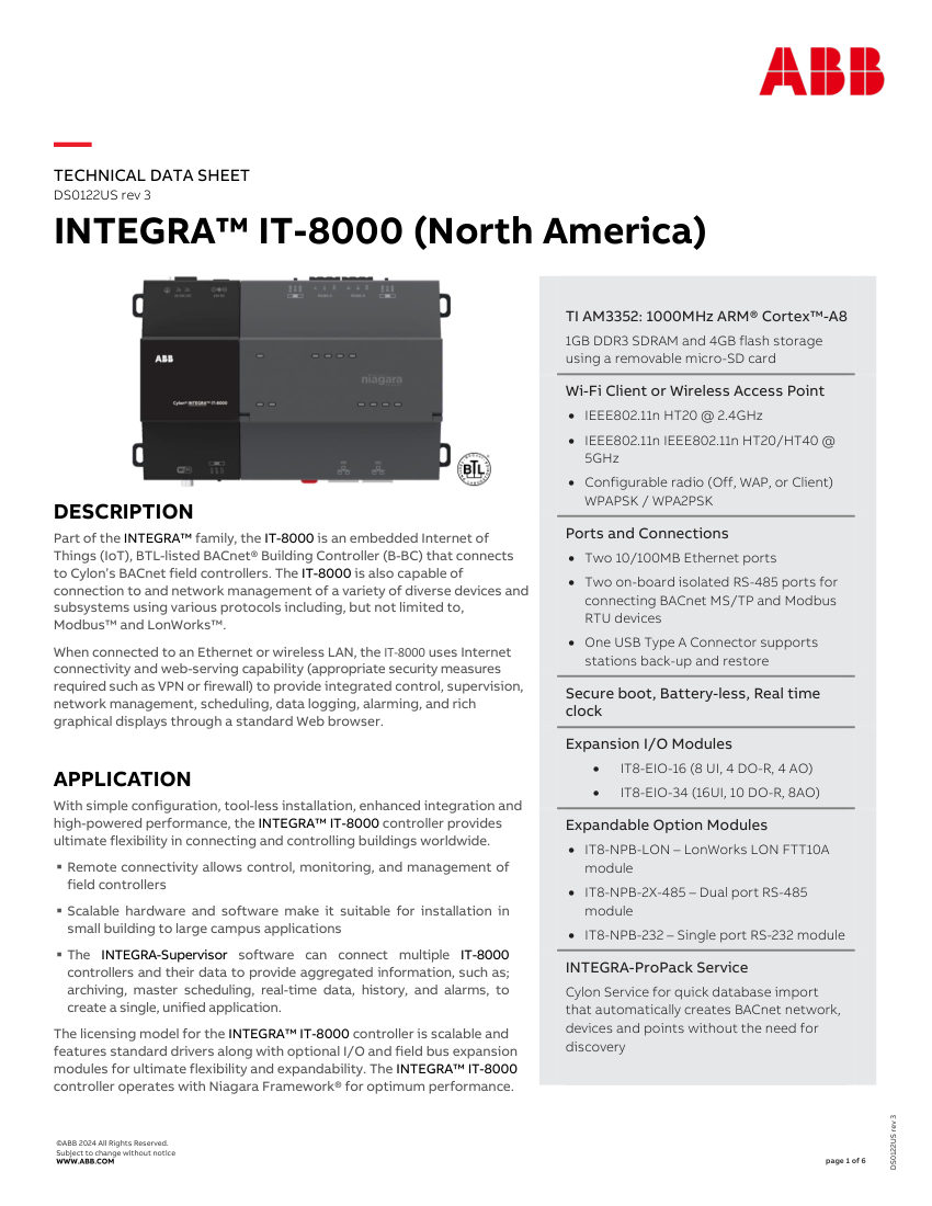 ABB DS0122US cut sheet — first page