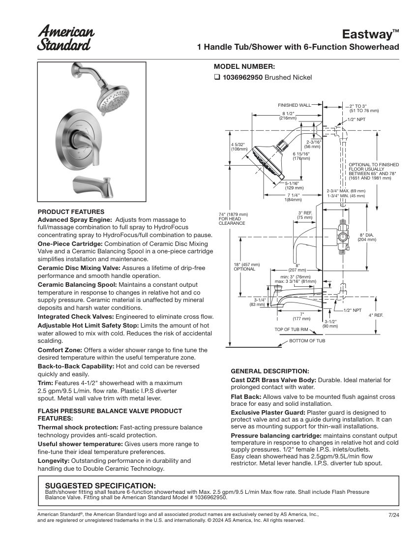 American Standard 1036962950 cut sheet — first page
