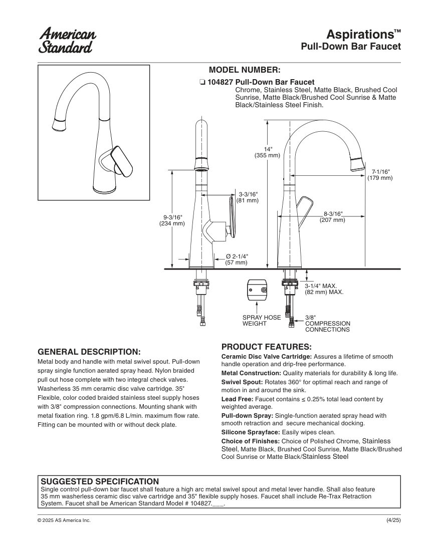 American Standard 1048270000 cut sheet — first page