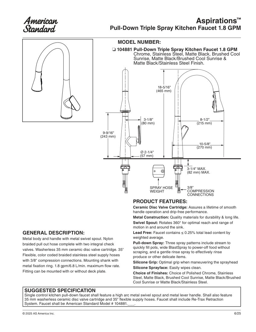 American Standard 1048810000 cut sheet — first page