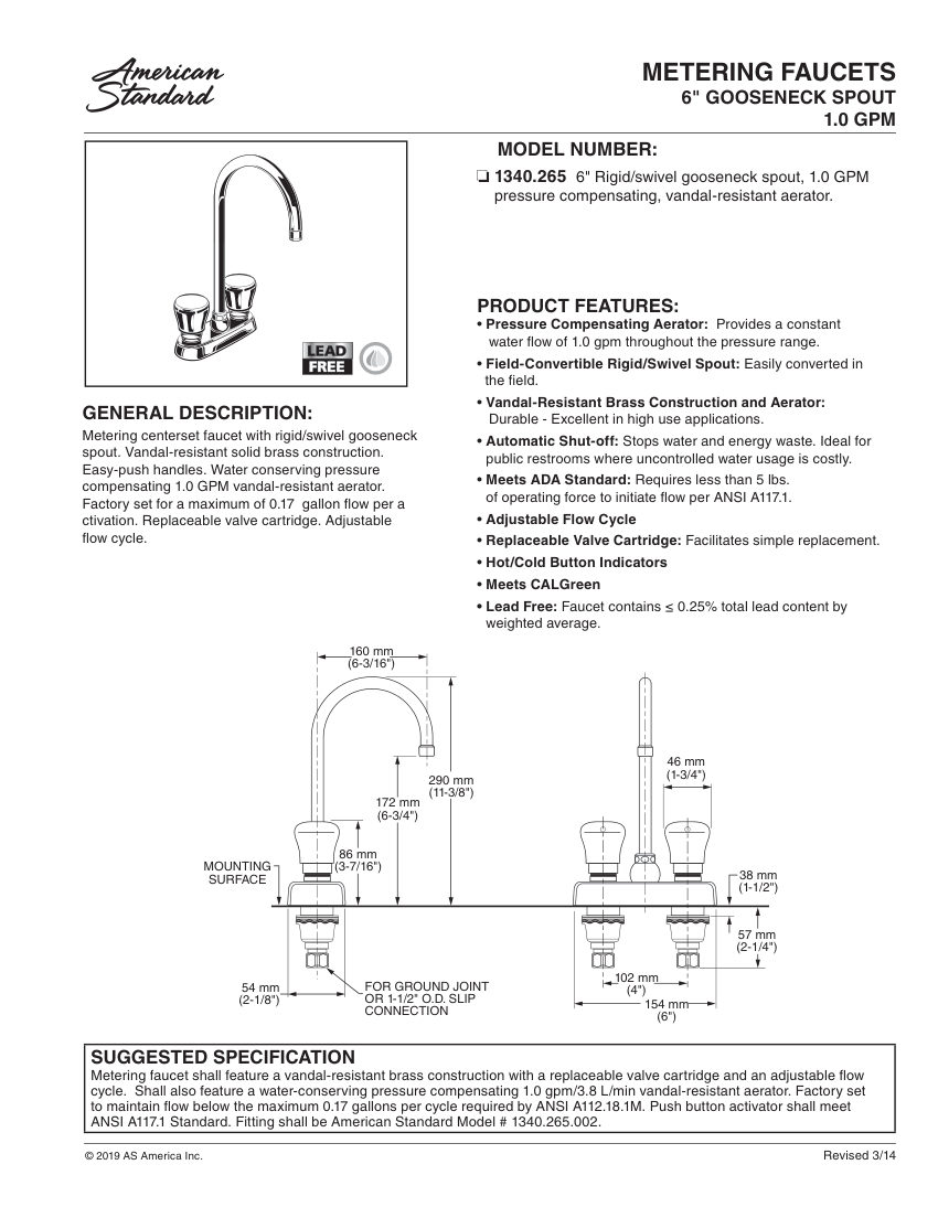 American Standard 1340265 cut sheet — first page