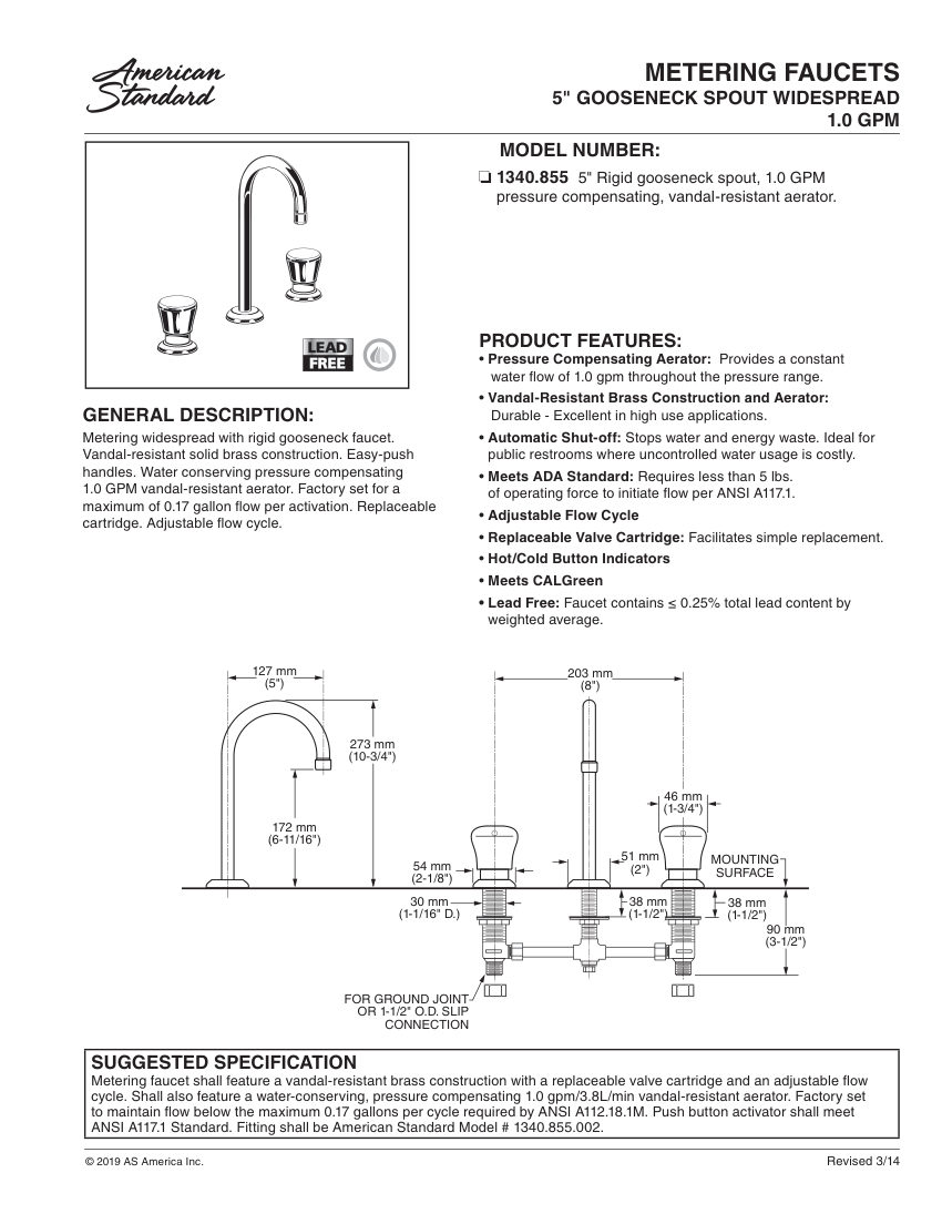 American Standard 1340855 cut sheet — first page