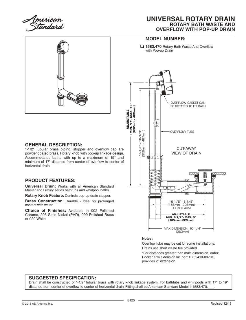 American Standard 1583470 cut sheet — first page