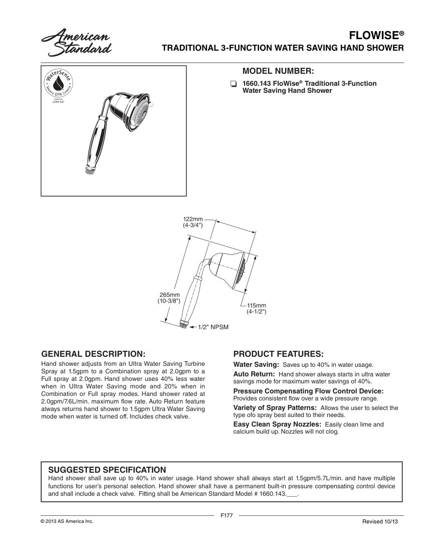 American Standard 1660143 cut sheet — first page