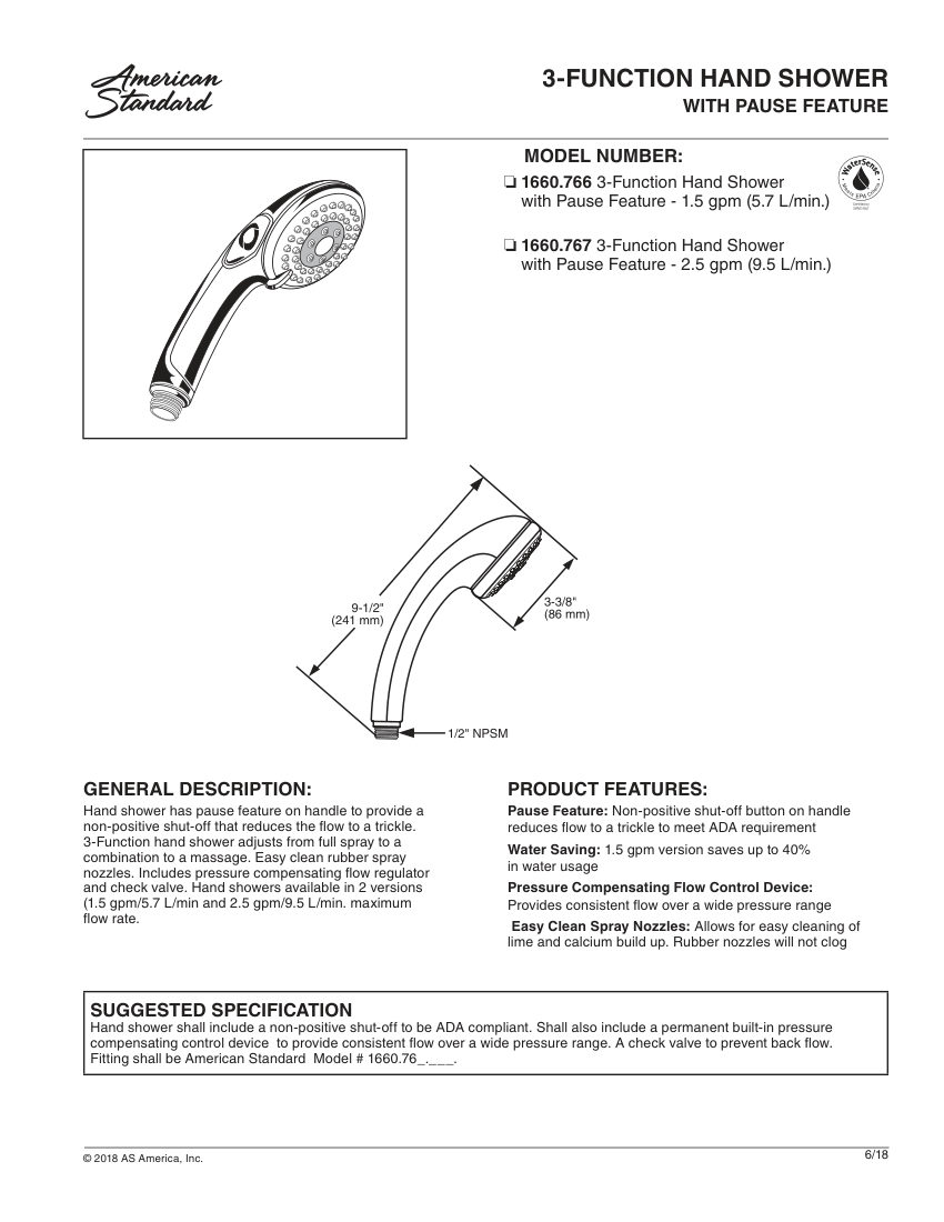 American Standard 1660767 cut sheet — first page