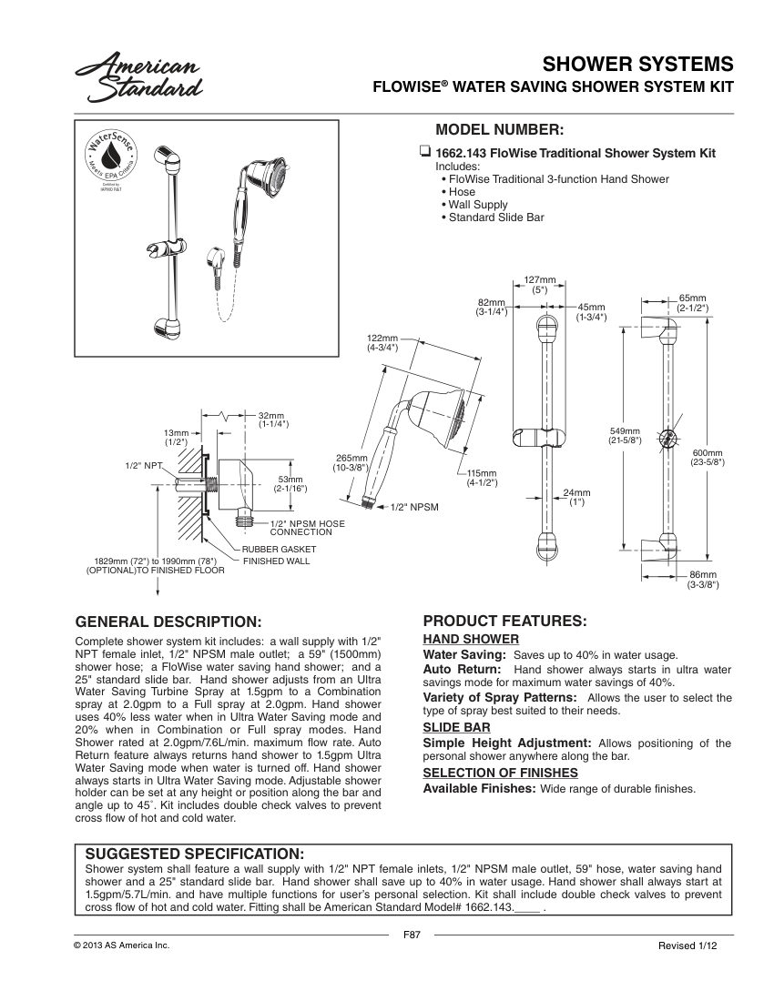 American Standard 1662143 cut sheet — first page