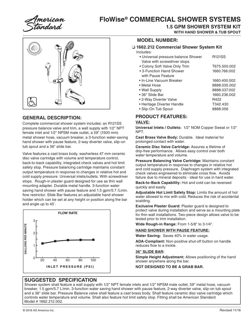 American Standard 1662212 cut sheet — first page