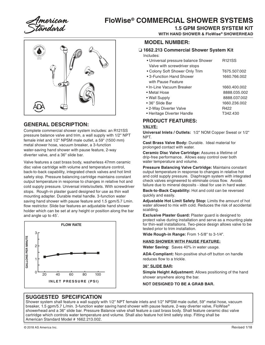 American Standard 1662213 cut sheet — first page