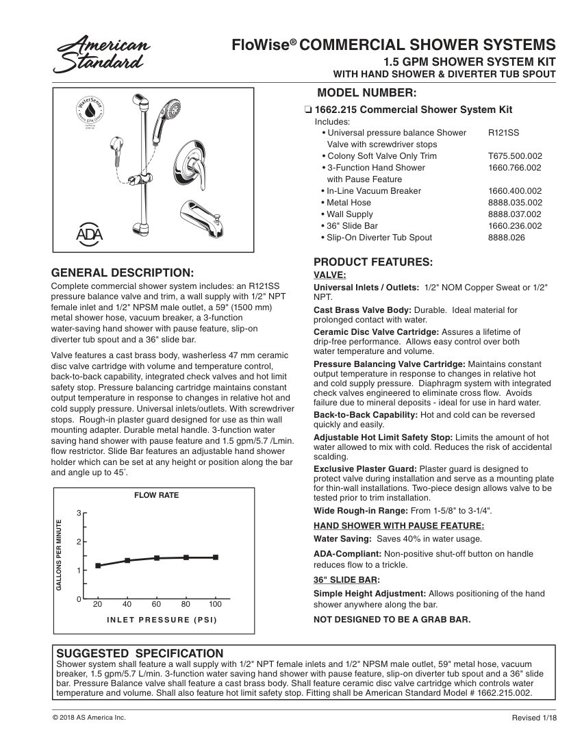 American Standard 1662215 cut sheet — first page