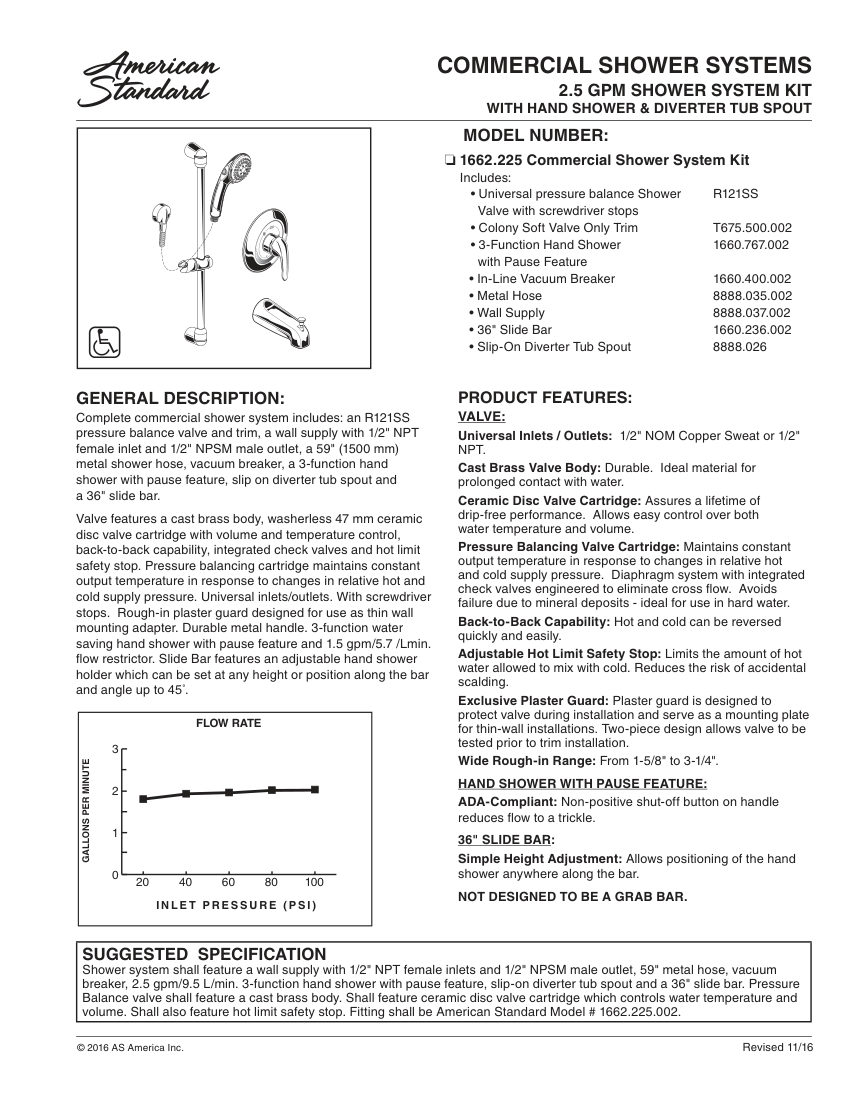American Standard 1662225 cut sheet — first page