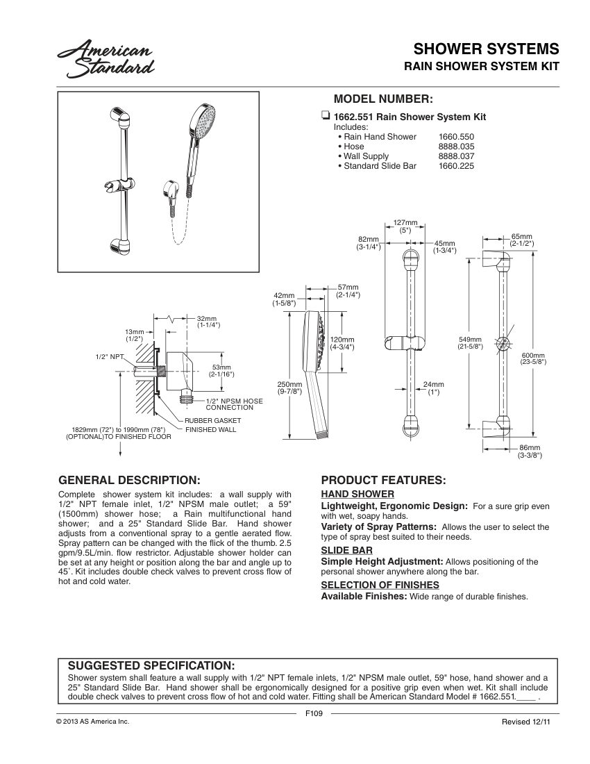 American Standard 1662551 cut sheet — first page