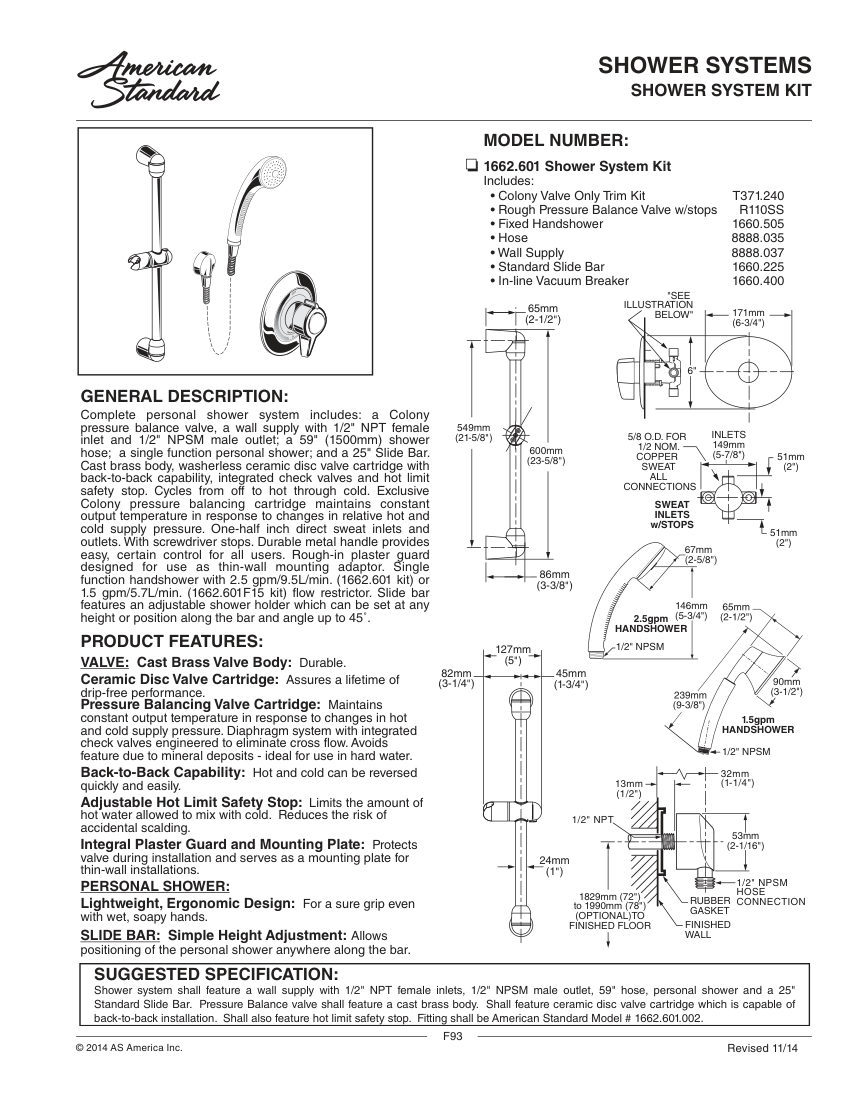 American Standard 1662601 cut sheet — first page