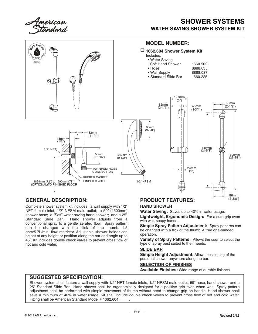 American Standard 1662604 cut sheet — first page