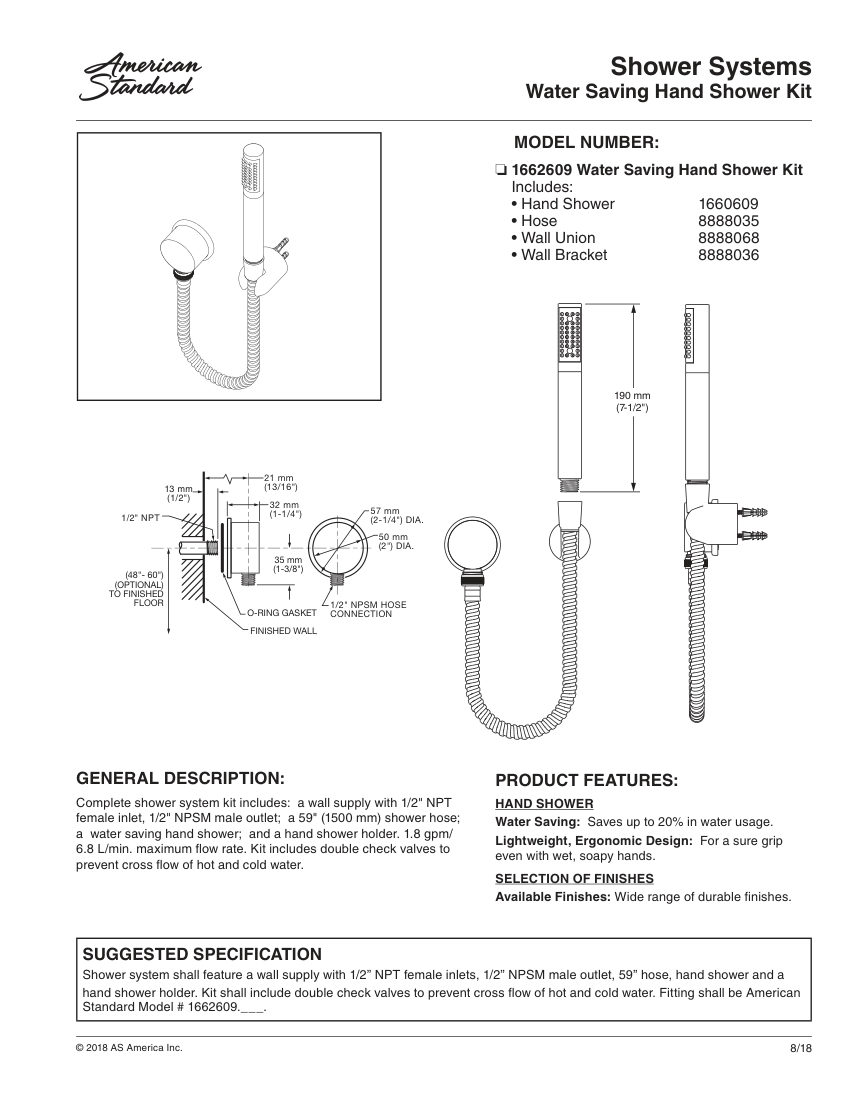 American Standard 1662609 cut sheet — first page