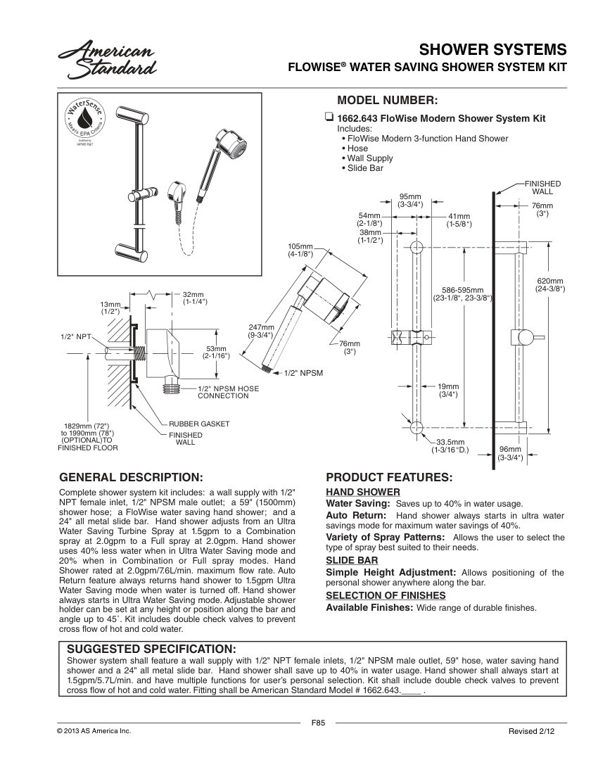 American Standard 1662643 cut sheet — first page