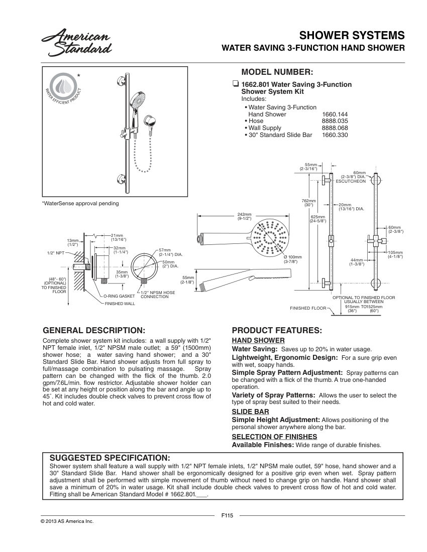 American Standard 1662801 cut sheet — first page