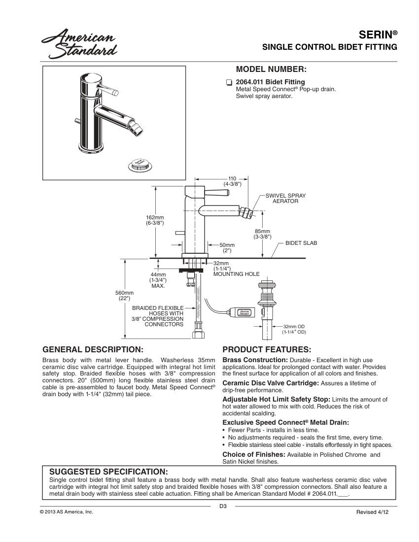 American Standard 2064011 cut sheet — first page