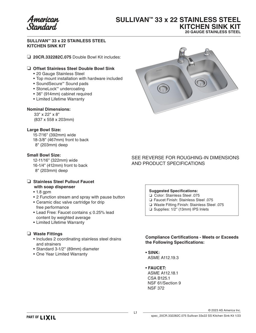American Standard 20CR.332282C cut sheet — first page