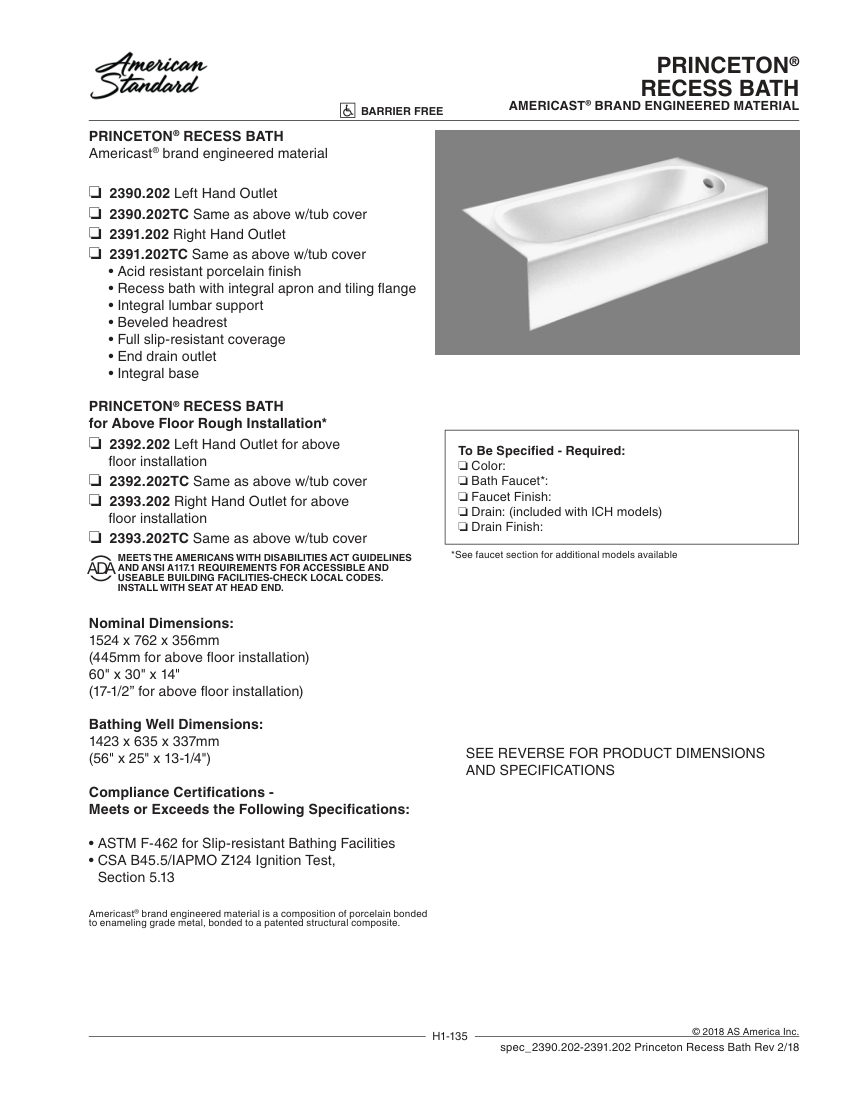 American Standard 2393202 cut sheet — first page