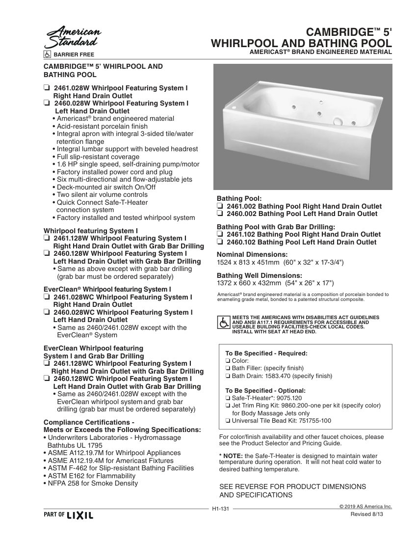 American Standard 2460028WC cut sheet — first page