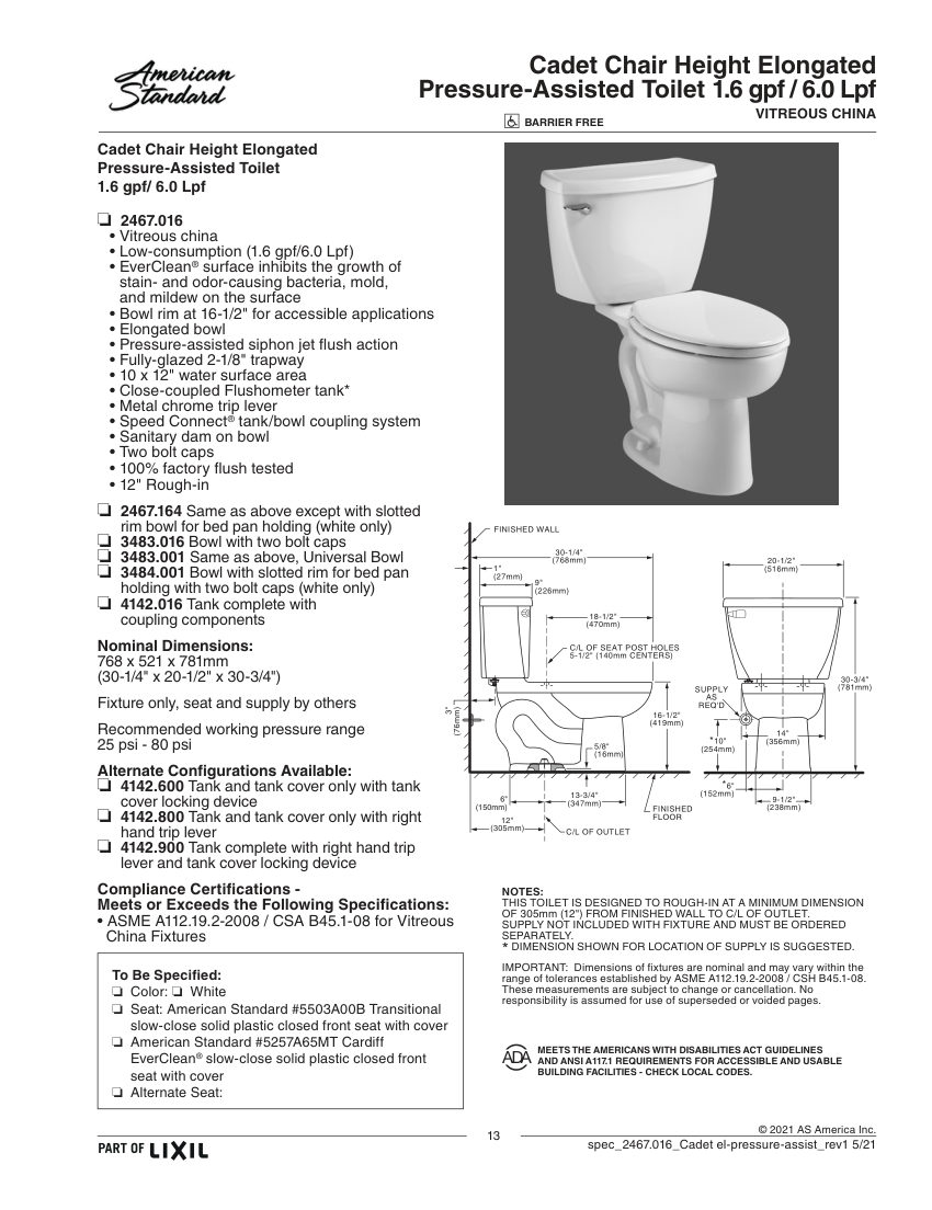 American Standard 2467016 cut sheet — first page