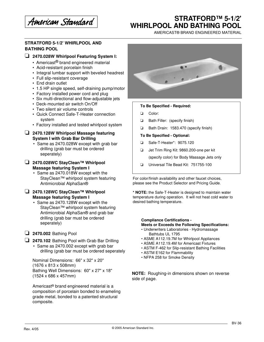 American Standard 2470002 cut sheet — first page