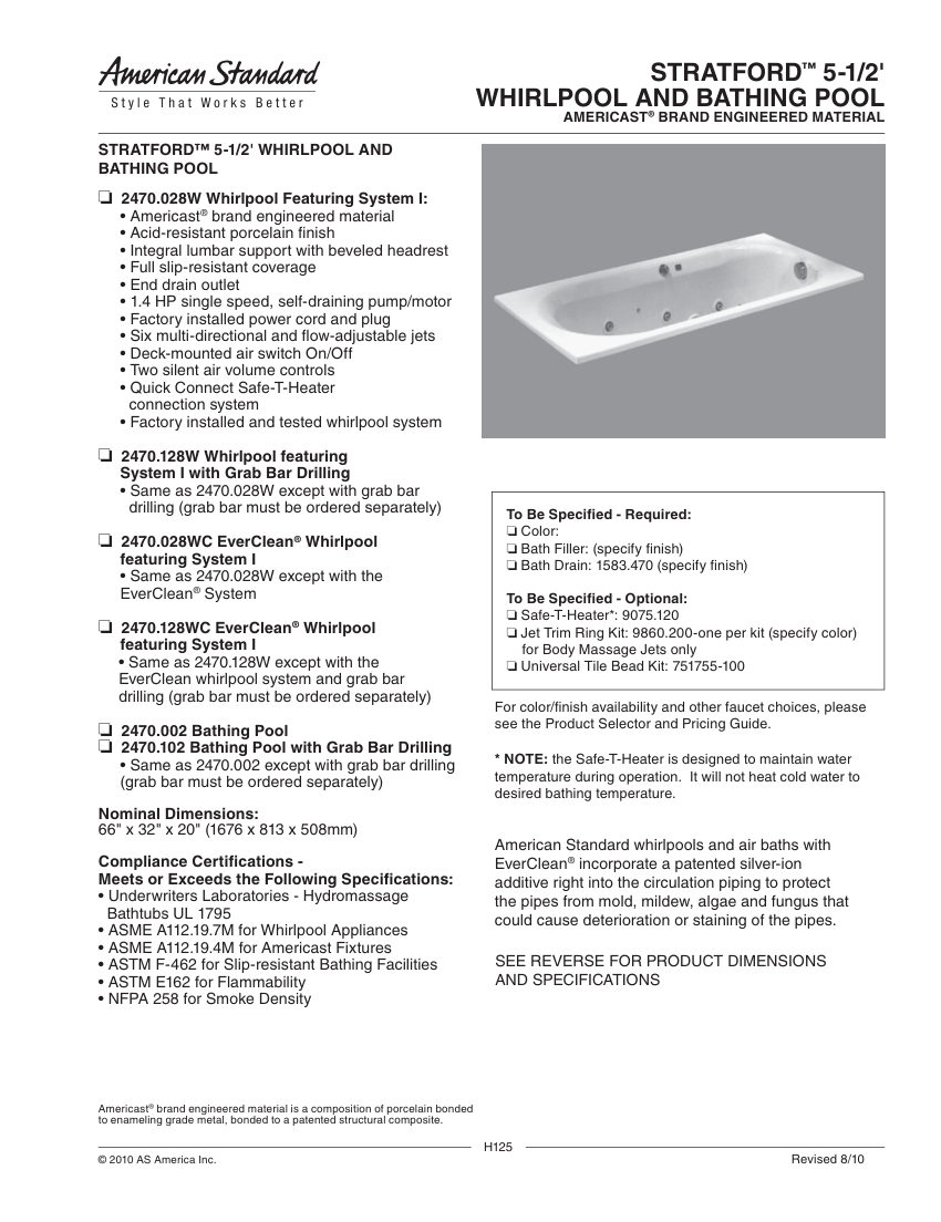 American Standard 2470028WC cut sheet — first page