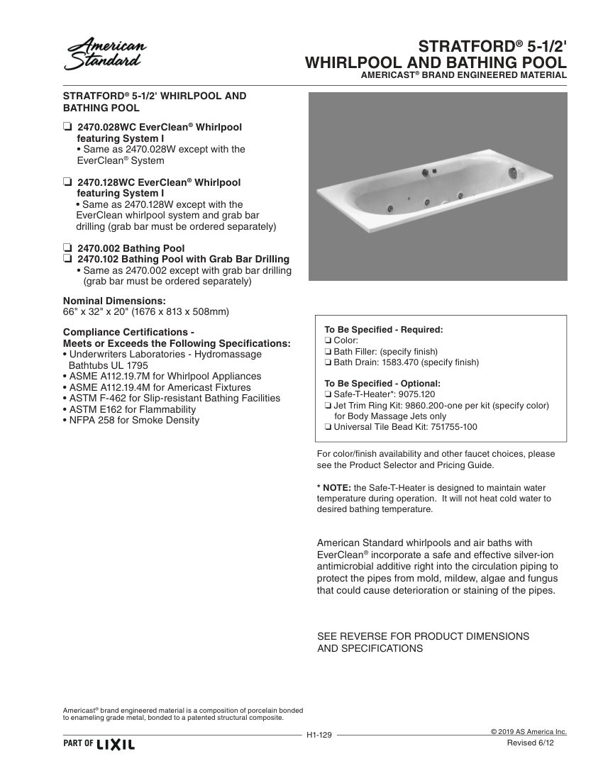 American Standard 2470128WC cut sheet — first page