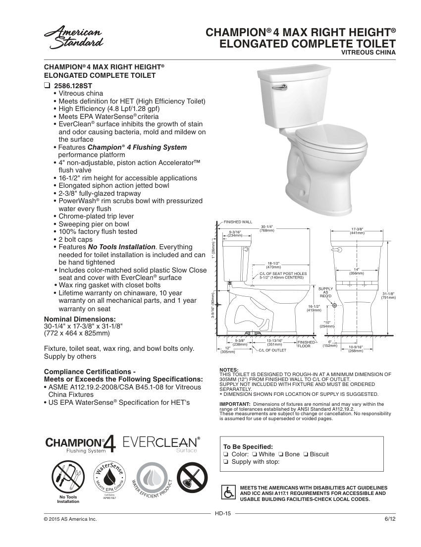 American Standard 2586128ST cut sheet — first page