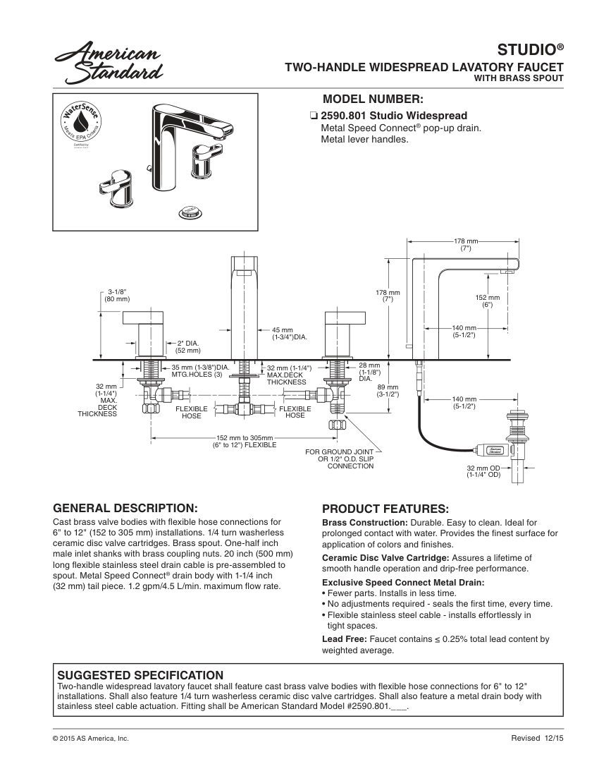 American Standard 2590801 cut sheet — first page