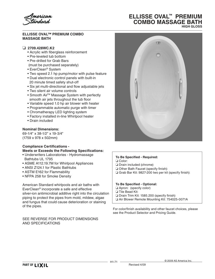 American Standard 2709448WCK2 cut sheet — first page