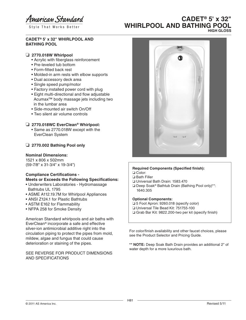 American Standard 2770018WC cut sheet — first page