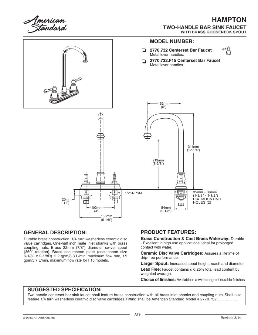 American Standard 2770732 cut sheet — first page