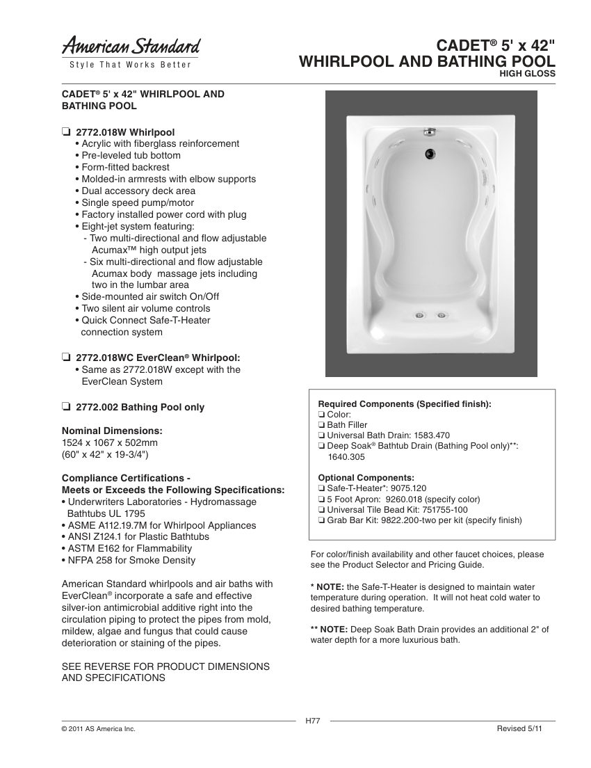 American Standard 2772018WC cut sheet — first page