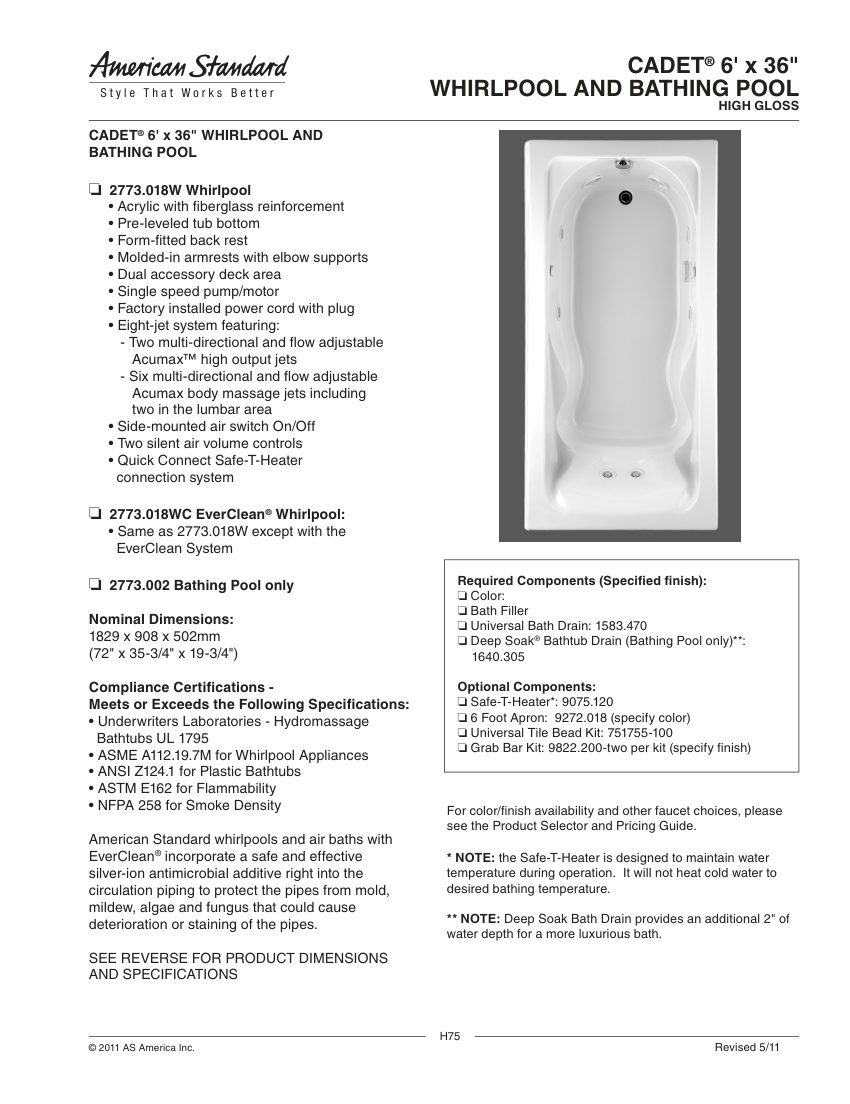 American Standard 2773018WC cut sheet — first page
