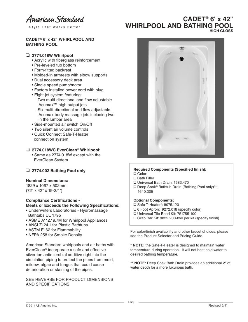 American Standard 2774018WC cut sheet — first page