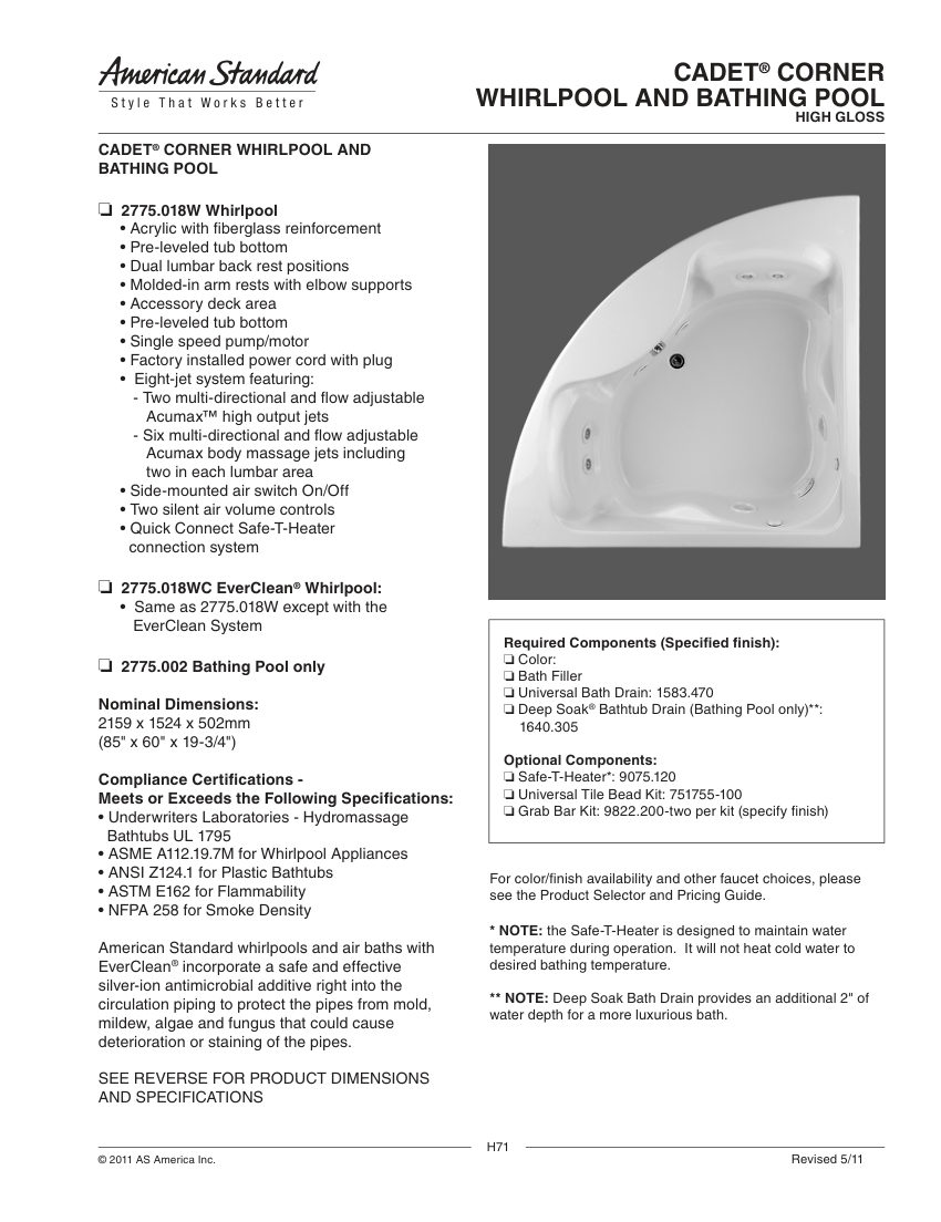 American Standard 2775018W cut sheet — first page