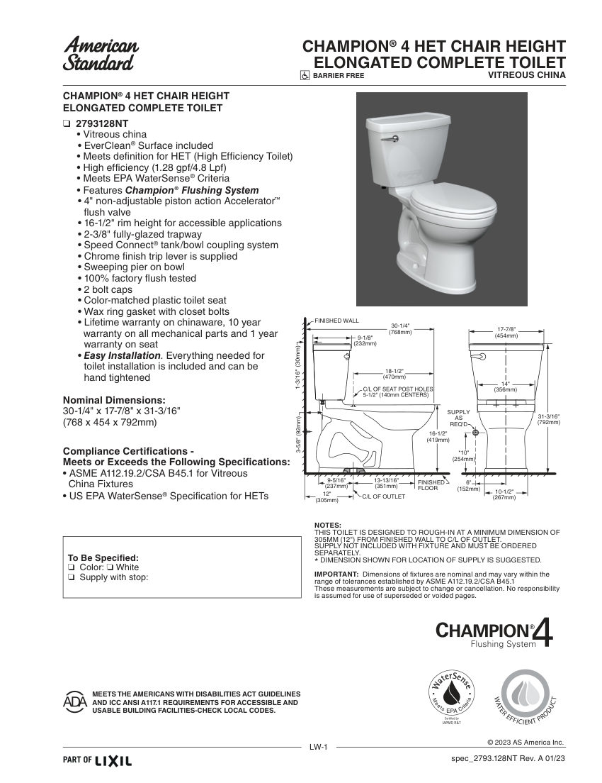 American Standard 2793128NTS cut sheet — first page
