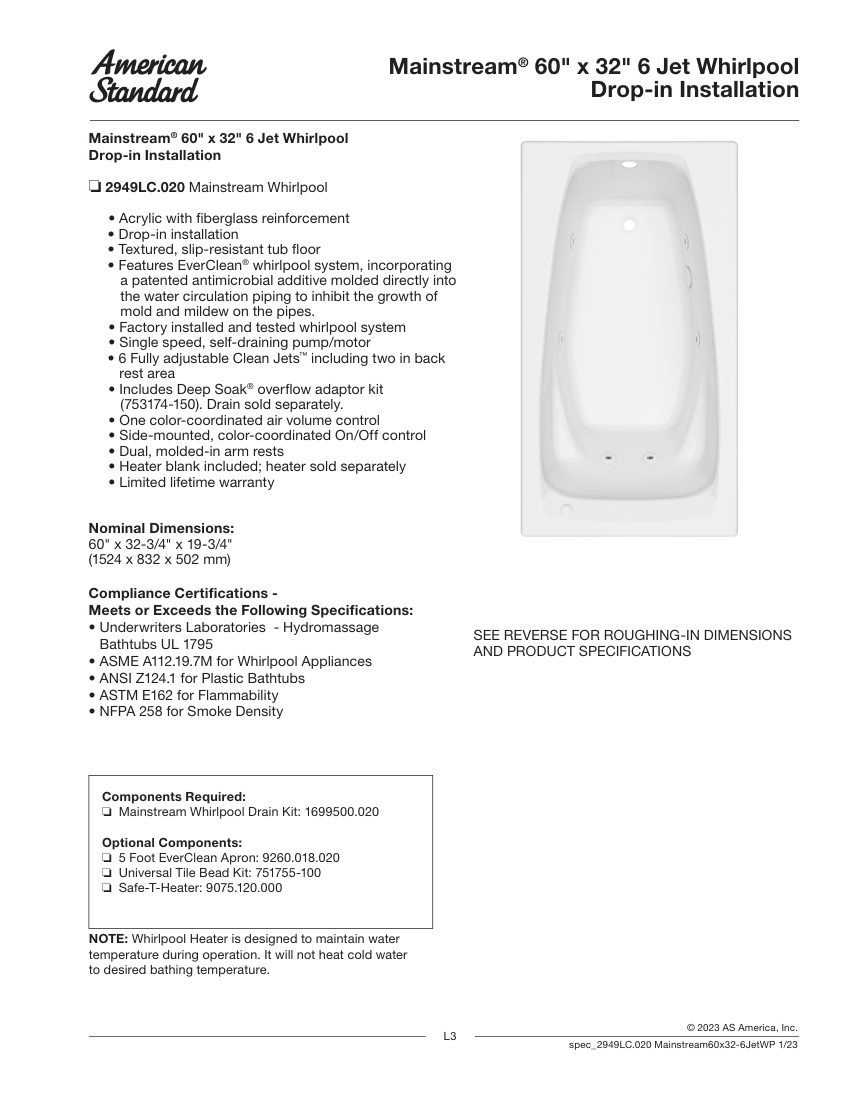 American Standard 2949LC cut sheet — first page