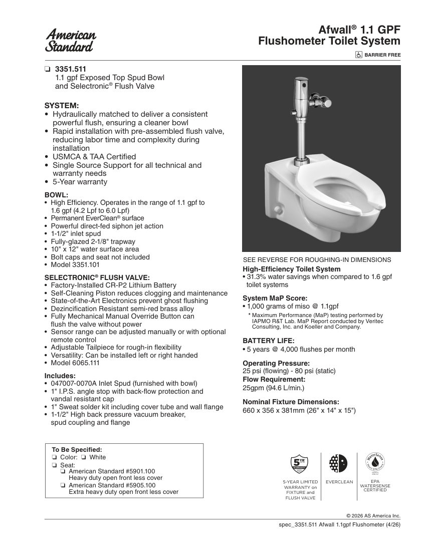 American Standard 3351511 cut sheet — first page