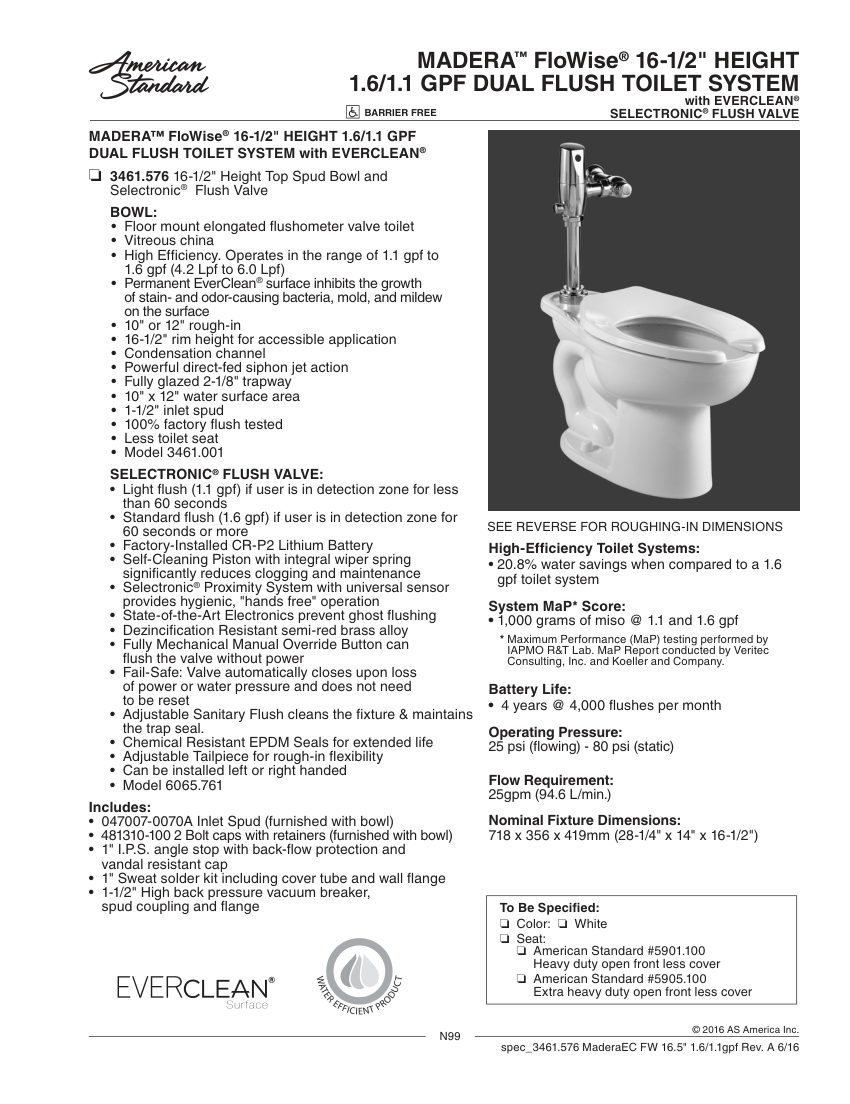 American Standard 3461576 cut sheet — first page