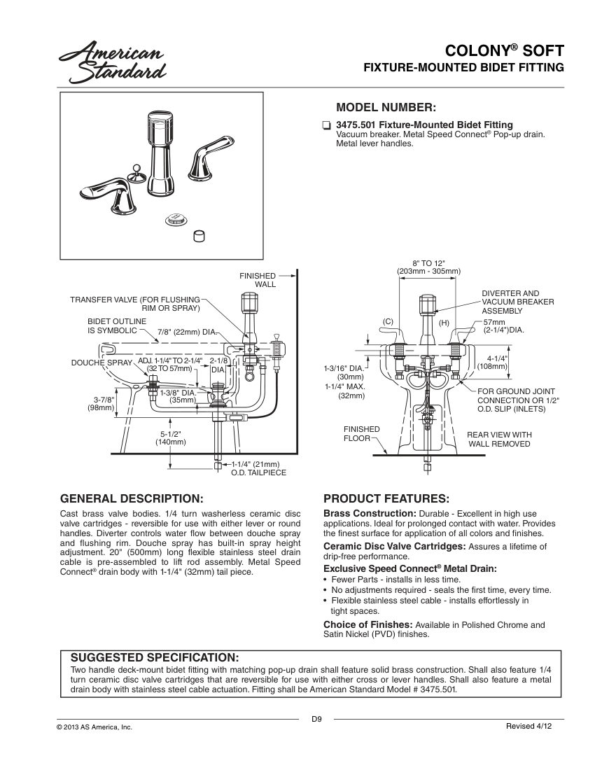 American Standard 3475501 cut sheet — first page