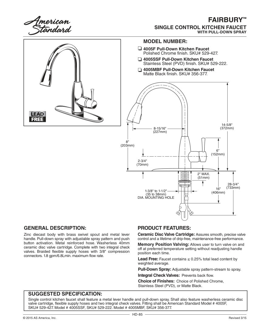American Standard 4005F cut sheet — first page