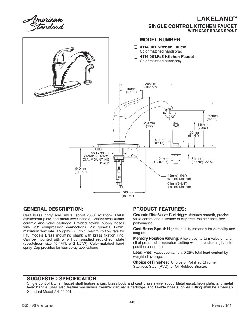 American Standard 4114001 cut sheet — first page