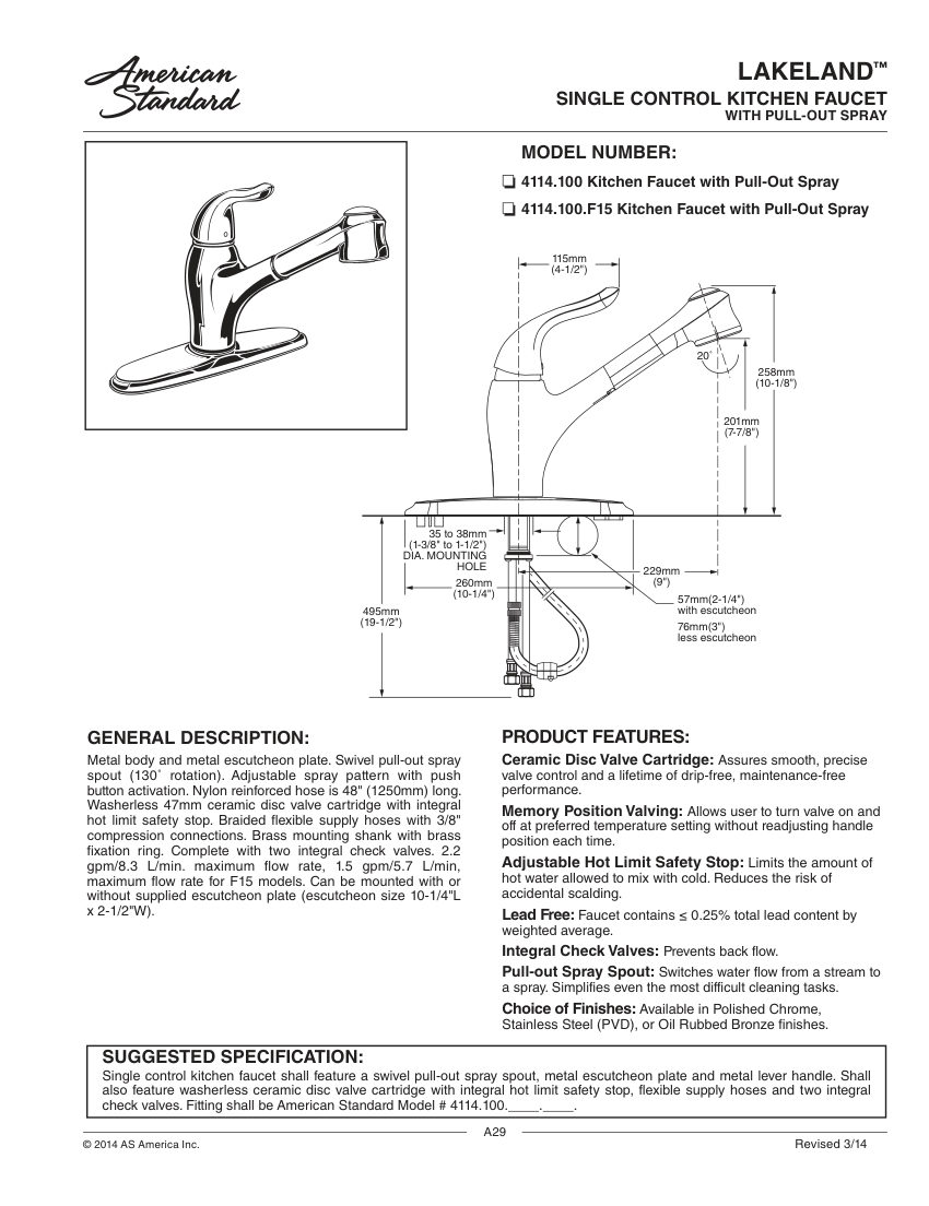 American Standard 4114100 cut sheet — first page