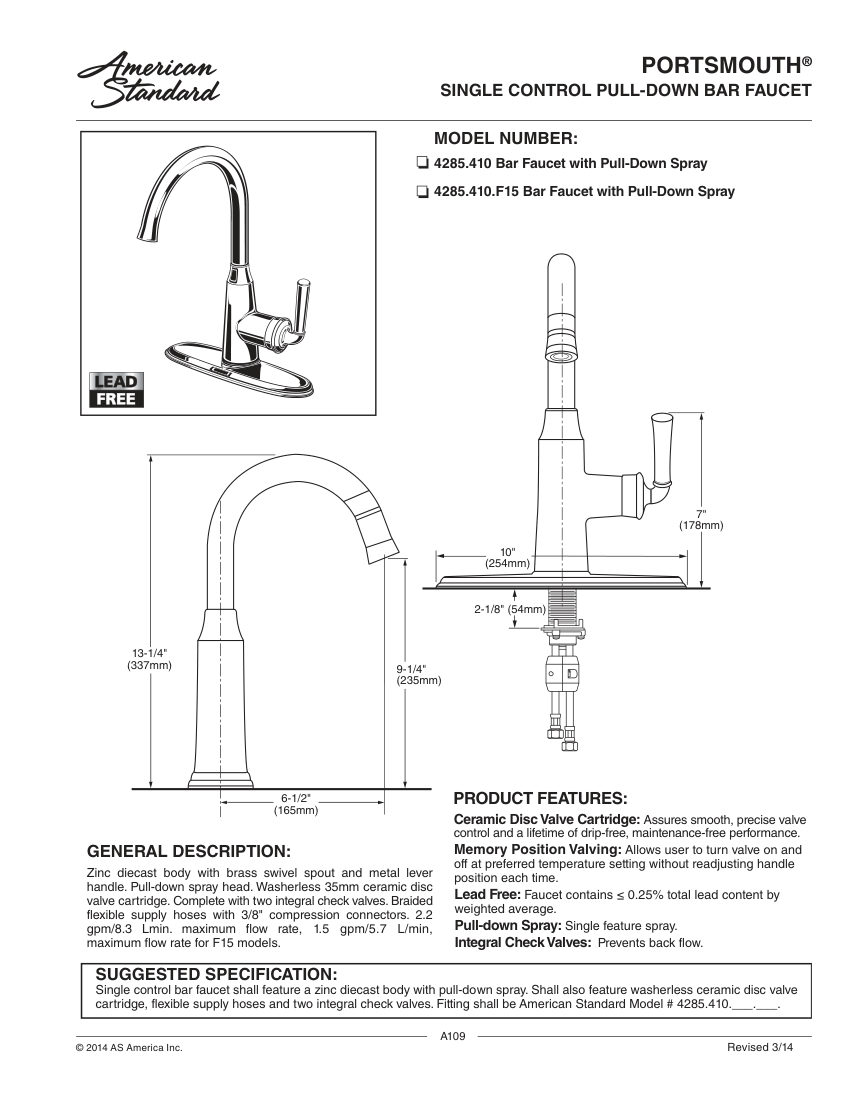 American Standard 4285410 cut sheet — first page