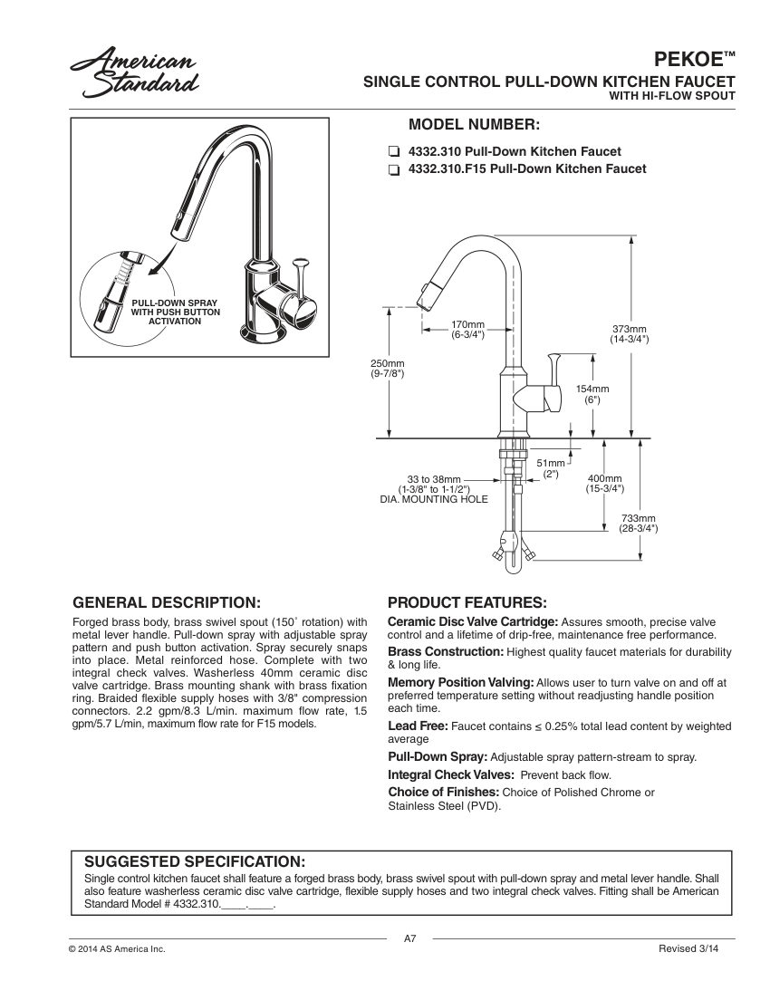 American Standard 4332310F15 cut sheet — first page