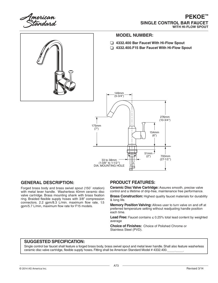 American Standard 4332400 cut sheet — first page